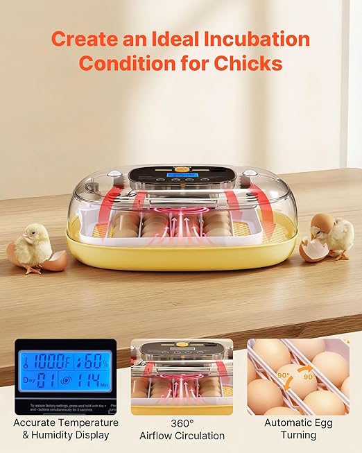 VEVOR 24 Egg Incubator, Automatic Egg Turner with LED Candler, Temperature & Humidity Control, 360° View Clear Window, Auto Water Refill, Poultry Eggs Incubators for Hatching Chicks Ducks Goose Quail