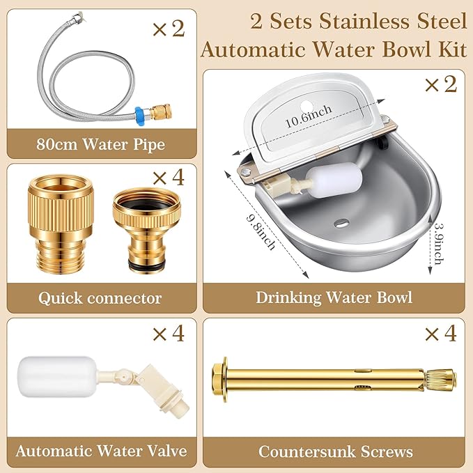 Bokon 2 Sets Automatic Animal Drinking Water Bowl, 304 Stainless Steel Waterer for Dog Cattle Goat Pig, Livestock Water Trough Dispenser with Pipe Hose, 4 Float Valves, Quick Connecter, Expansion Bolt