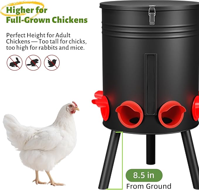 KOL 50 LB Large Free Standing Chicken Feeder, Portable Gravity Chicken Feeder Automatic, Dispenser, 8 Feeding Ports Poultry Feeder for Chicken Rooster & Hen (Black)