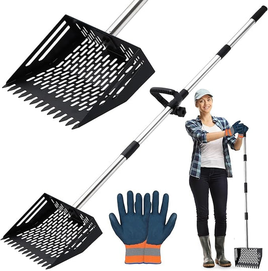2 in 1 Chicken Poop Scooper & Rake, 10 Inch Sand Sifting Shovel with 35" to 62" Adjustable Stainless Steel Handle, Durable Litter Cleaner with Ergonomic Grip Gloves for Chicken Coop Farm Animal(Black)