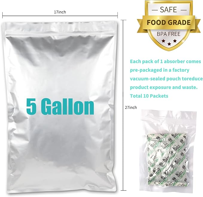 10PCS 5 Gallon Mylar Bags with 2500CC Oxygen Absorbers and Labels, Zipper Resealable Pouches Heat Sealable Bags for Long Term Food Storage