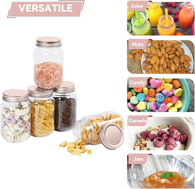 novelinks 16 oz Clear Plastic Jars with Screw-On Lids - BPA-Free Refillable Storage Containers for Slime, Food, Crafts, Kitchen & Household Use (10 Pack,Rose Gold)