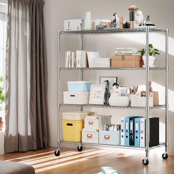 Himimi Storage Shelves 60"W Wire Shelving with Wheels 2600LBS Heavy Duty Metal Shelves for Storage, 4-Tier Adjustable Wire Rack Shelving Garage Shelving Kitchen Storage Shelves 24"Dx60"Wx72"H, Silver