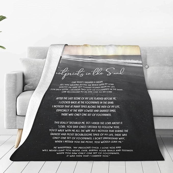 Footprints in The Sand Blanket Christian Gifts Bible Verse Scripture Throw Blanket Comfy Plush Flannel Fleece Warm Soft Fluffy Fuzzy Blanket for Prayer Adults Women Men for Bed Sofa Couch 40"X50"