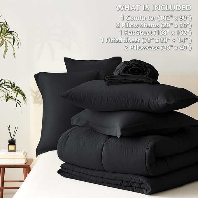 CozyLux King Size Comforter Set Black - 7 Pieces Bed in a Bag King, Okeo-Tex Certifited Bedding Set, All Season Soft Bed Set with Down Alternative Comforter, Sheets, Pillowcases & Pillow Shams