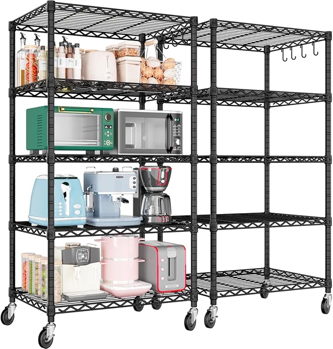 PrimeZone Wire Shelving Unit with Wheels, 5 Tier Adjustable NSF Certified Heavy Duty Metal Storage Shelves, Pantry Organizer Rack Rolling Kitchen Shelf for Closet, 24" W x 18" D x 75" H, Black, 2 PCS