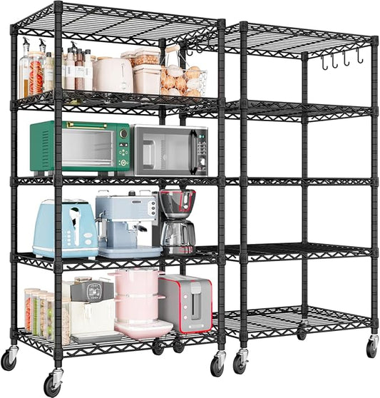 PrimeZone Wire Shelving Unit with Wheels, 5 Tier Adjustable NSF Certified Heavy Duty Metal Storage Shelves, Pantry Organizer Rack Rolling Kitchen Shelf for Closet, 24" W x 18" D x 75" H, Black, 2 PCS