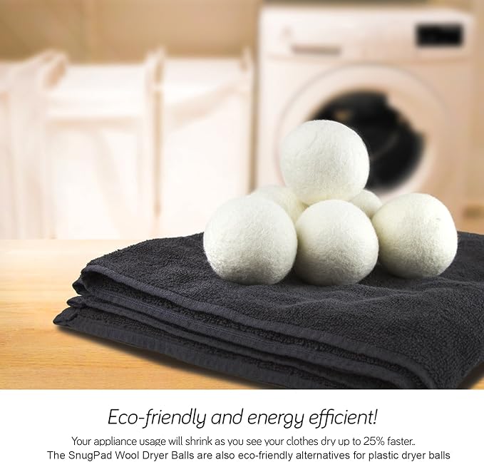 SnugPad Wool Dryer Balls XL Size 6 Pack, Natural Fabric Softener 100% Organic Premium New Zealand Wool, Chemical Free and Reduces Wrinkles, 1000+ Loads, Baby Safe, Saving Energy & Time, White 6 Count