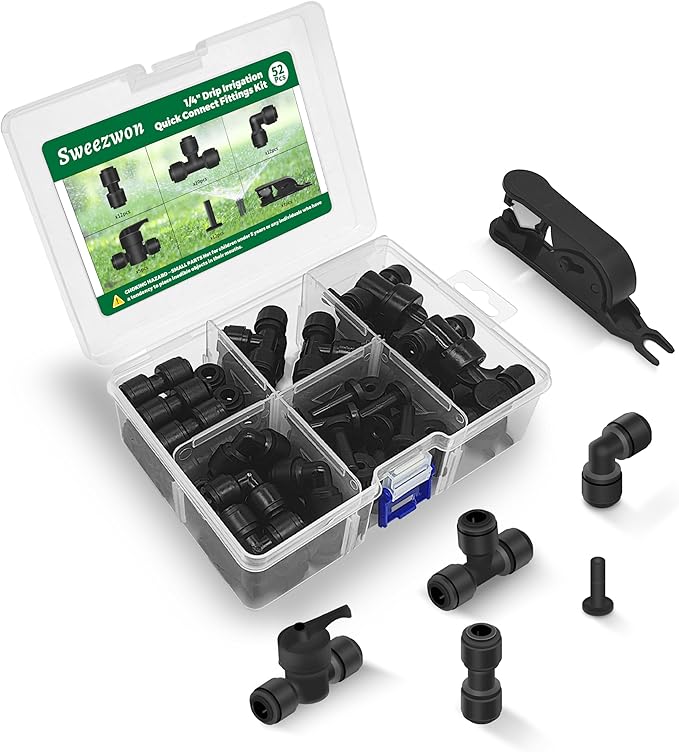 52Pcs 1/4" Drip Irrigation Quick Connect Fittings Kit (12 Couplings, 10 Tees, 12 Elbows, 5 Shut Off Valves, 12 Plugs & Tubing Cutter), Drip Line Connectors for 1/4" Tubing