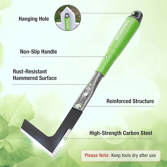 WORKPRO 6-Piece Garden Tool Set, Heavy Duty Gardening Hand Tools with Soft Rubber Handle, Including Trowel, Rakes, 2-in-1 Hoe and Crack Weeder, Ideal Gardening Gifts for Men and Women