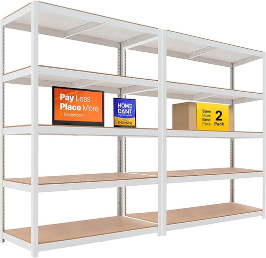 HOMEDANT House 5 Tier Laminated Metal Shelving Unit Adjustable Storage Utility Rack Heavy Duty Shelves Organization Multipurpose Shelf Kitchen Garage Pantry Closet (2, (XL Deep) 48.1" W, White)
