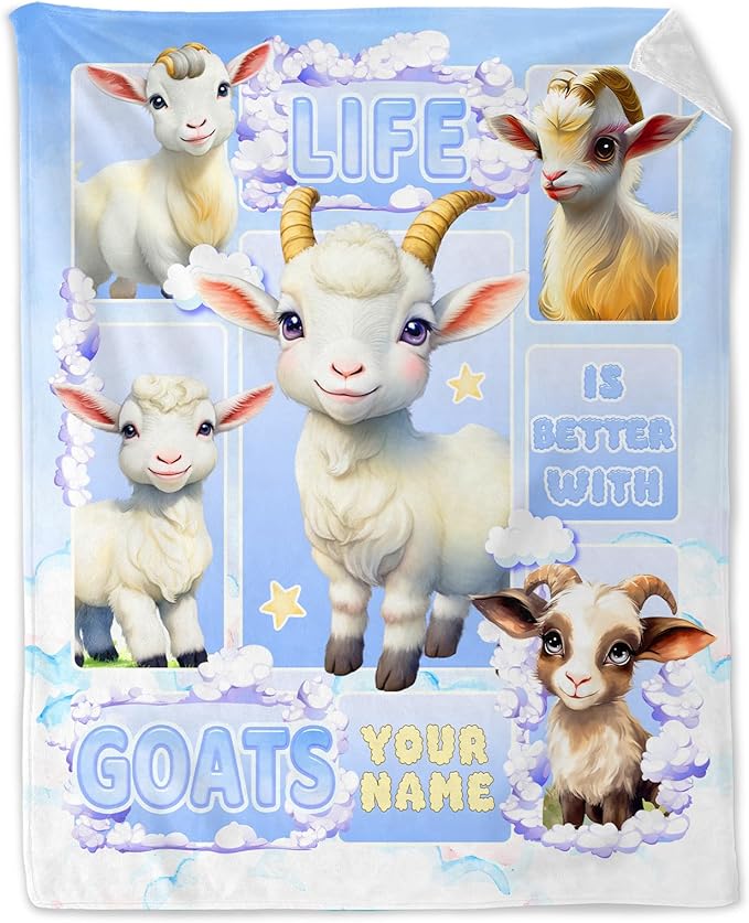 Custom Goat Blanket for Girls - 40x50 Inches Flannel Blankets with Name - Soft Fuzzy Plush Throws Gift - Blue Funny Throw for Couch, Sofa