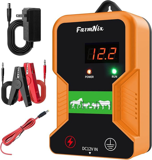 12 kV Electric Fence Charger with LED Display,2 Joule Pulse Energy,Covering up to 15 KM,Waterproof,Ideal for Home Pastures and Gardens by Containing Dogs,Livestock,Pets and Poultry