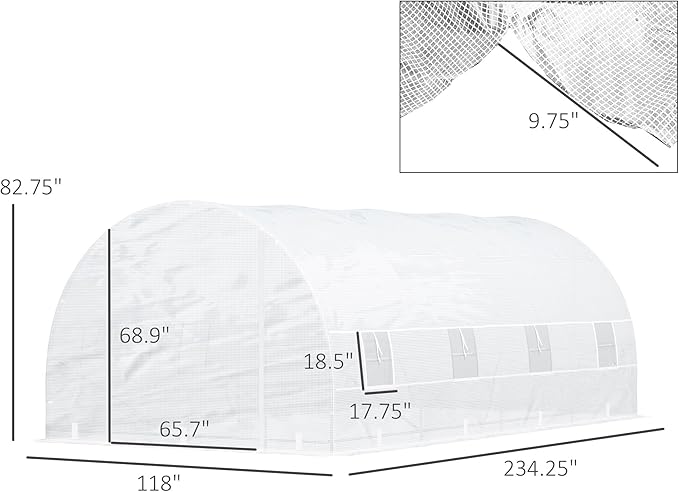 Outsunny 20' x 10' x 7' Walk-in Tunnel Greenhouse with Zippered Door & 8 Mesh Windows, Large Garden Green House Kit, Galvanized Steel Frame, White