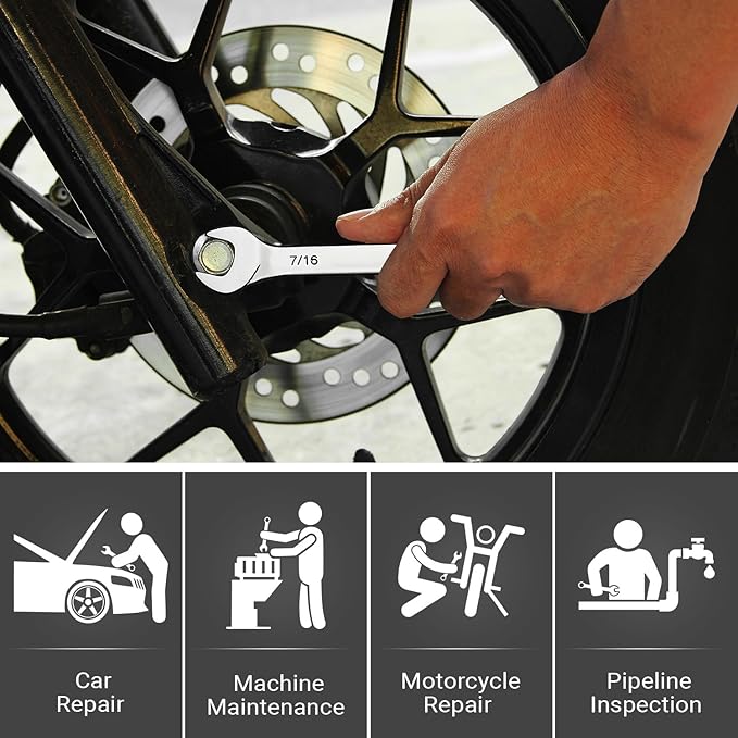 MAXPOWER 7/16 Inch Combination Wrench Set, Professional Open and Box End Spanners with Mirror Finish, Made with Forged and Heat-Treated Cr-V Steel, 12-Point Design