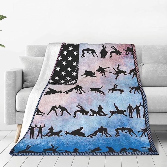 Wrestling Blanket American Flag Decor Throw Blanket Super Soft Flannel Lightweight Fluffy Plush Fuzzy Fleece Sports Blanket Gifts for Wrestler Boys Man Woman Girls Kids Adults for Bed Sofa 50"X60"