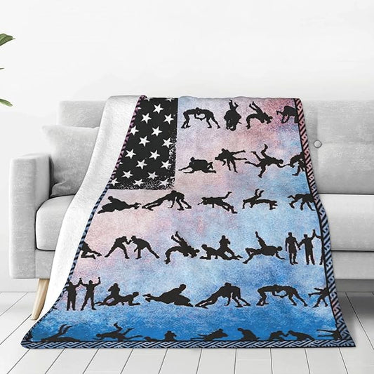 Wrestling Blanket American Flag Decor Throw Blanket Super Soft Flannel Lightweight Fluffy Plush Fuzzy Fleece Sports Blanket Gifts for Wrestler Boys Man Woman Girls Kids Adults for Bed Sofa 50"X60"