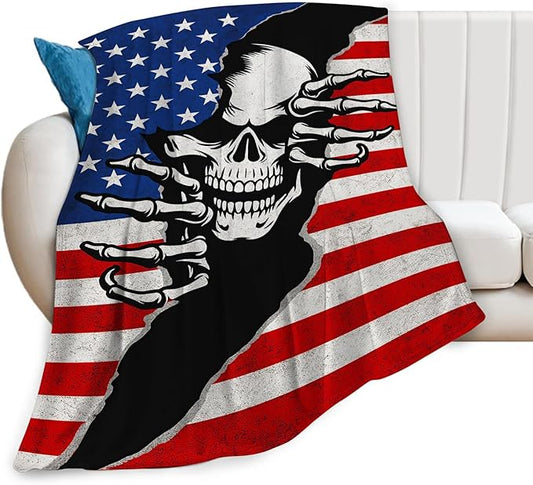 Gothic Fleece Blanket Horrible Skull Throw Blankets for Girls Boys Super Soft Warm Flannel American Flag Throws Gifts for Men Women Cozy Fuzzy Plush Stuffed Couch Bed Bedding Decor 80"X60"