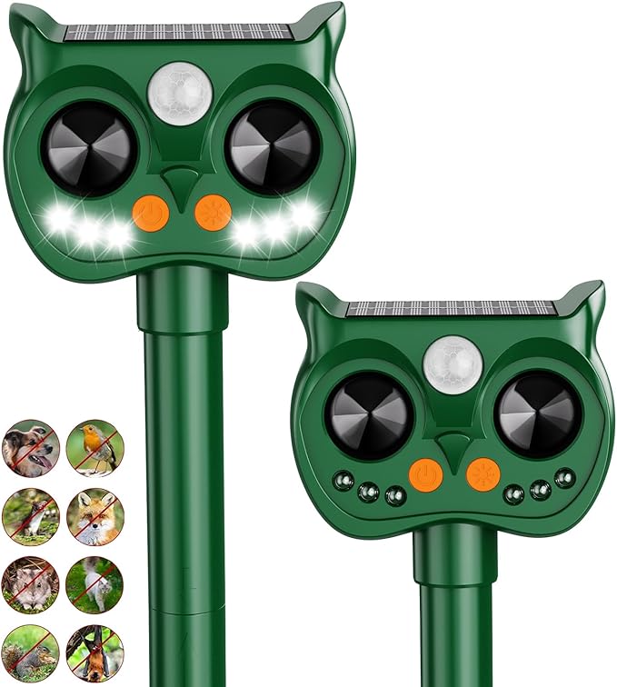 2 Pack 2025 Upgraded Solar Ultrasonic Animal Repellent Outdoor – Motion Activated Deer, Squirrel, Cat, Raccoon, Dog & Bird Deterrent with Multi-Frequency LED Strobe & Ultrasonic Sweep for Yard Garden