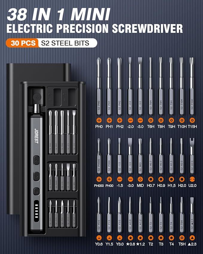 JOREST Mini Electric Screwdriver, Precision Set with 38-in-1 Magnetic Bits, Repair Tool Kit for iPhones, Laptop, Drone, Game Console, Camera, Toys; Stocking Stuffers for Men;Birthday Gift for Father