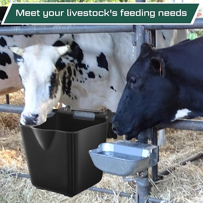 Marsui 4 Pack 15 Quart Horse Feeders for Stall Hook Over Hanging Fence Hay Feeder Mountable Livestock Plastic Feed Bucket for Farm Stalls Pasture, Stable to Feed Horses Sheep Cattle Cows Etc(Black)