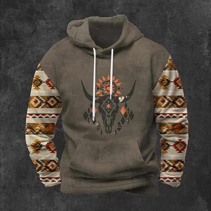 Mens Hooded Sweatshirt Vintage American Element Long Sleeve Fall Hoodie Classic Drawstring Front Pocket Pullover