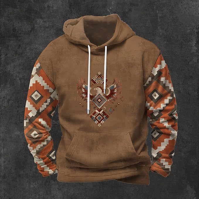 Mens Hooded Sweatshirt Vintage American Element Long Sleeve Fall Hoodie Classic Drawstring Front Pocket Pullover