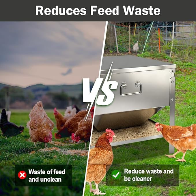 Stainless Steel Chicken Feeder No Waste, Large Capacity Poultry Feeder, Adjustable Metal Chicken Coop Feeder with Lid and Handle