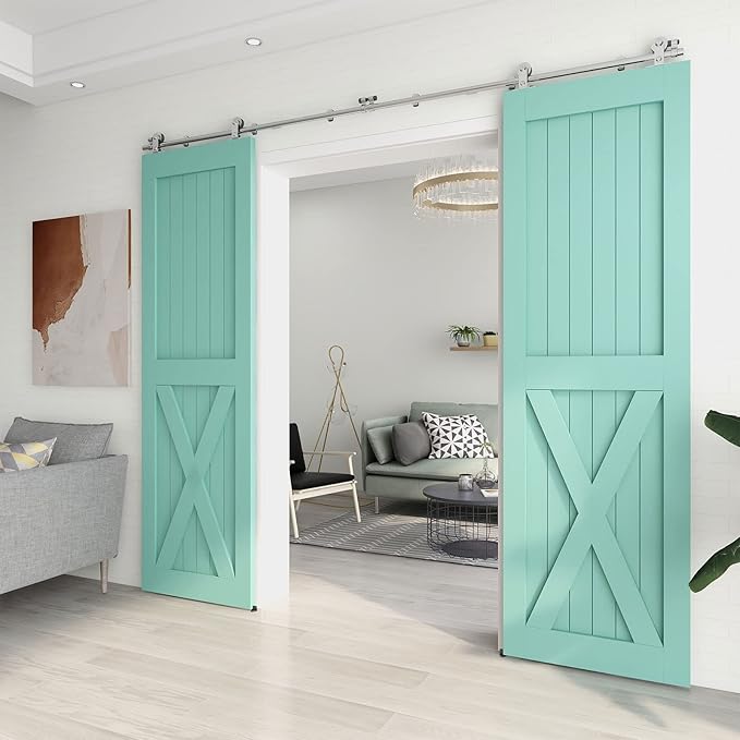 TSMST 9FT Sliding Barn Door Hardware Kit, Top Mount Stainless Steel Heavy Duty Sturdy Barn Door Track for Double Wood Door, Slide Smoothly Quietly (T Style)