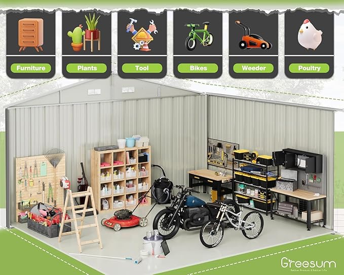 Greesum 10x8FT Outdoor Storage Shed, Utility Tool Shed Metal Storage Garden Shed with Door & Lock for Patio Storage, Gray