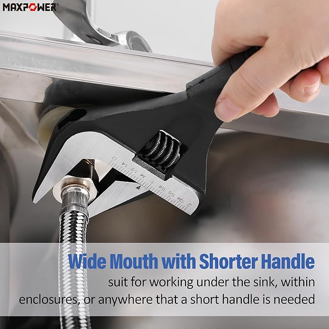 MAXPOWER 10 inch Adjustable Wrench, Wide Jaw Capacity 2 inch (50 mm)