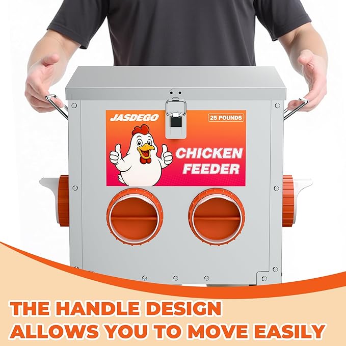 4 Ports Metal Chicken Feeder No Waste 25 Pounds Automatic Poultry Feeder with Latch & Handle for Chickens Bantams Pheasants Poultry Coop Rodent Proof