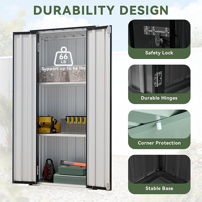 Aoxun 2.5’x1.5’ Outdoor Storage Cabinet, Outdoor Metal Storage Shed with 2 Adjustable Shelves & Lockable Doors, Vertical Tool Shed for Patio Garden, Garage, Porch, Black