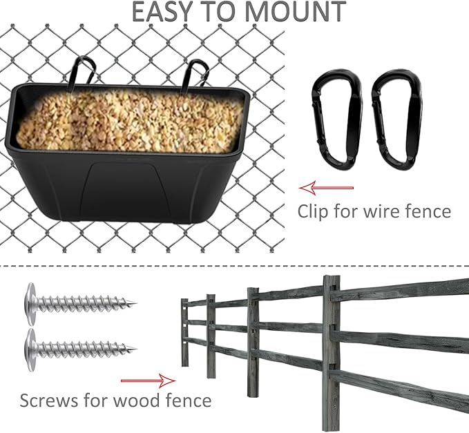 Hanging Chicken Feeder Trough for Goat Sheep Deer Poultry Duck Chicken Fence Feeder Livestock Feeding Container Goats Supplies Feeders Waterer Bucket (Matte Black)