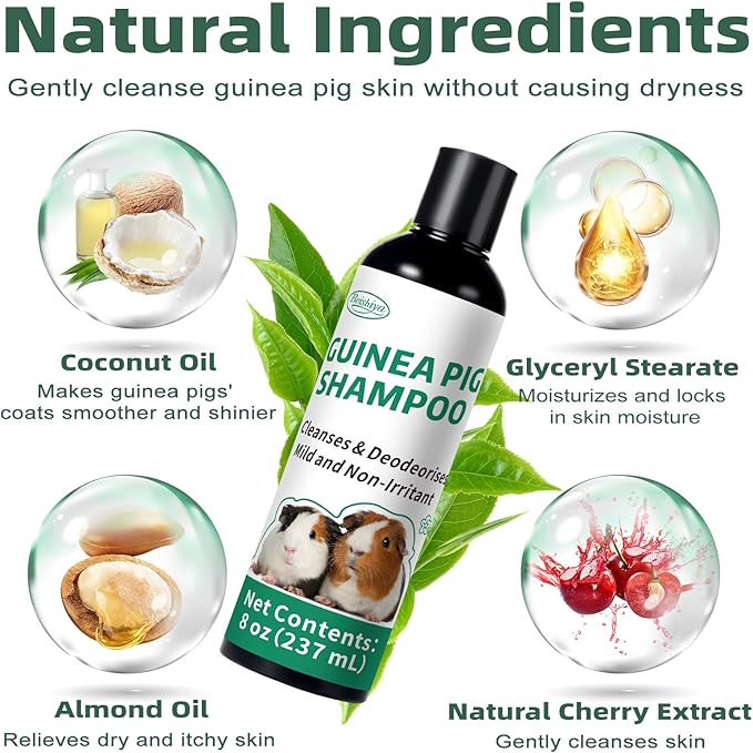 Guinea Pig Shampoo 8 oz - Naturally Effective Shine Skin & Coat Formula - NO Fragrance, Hypoallergenic, Relieves Dry, Itchy Skin, Eliminates Odors