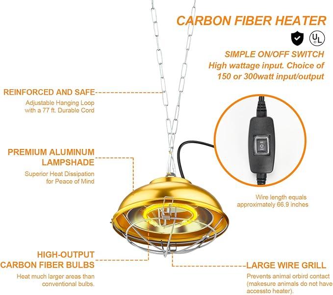 Heat Lamp for Chicken Coop, 300 Wattschicken coop heater with Adjust 2 Mode temperature &Hanging Height, Waterproof,ForIndoor & Outdoor Used, Suitable for Amphibians,Chick, Duck,Pets (300W)