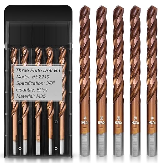 3/8" 3-Flute Cobalt Drill Bits, M35 Metal Drill Bits for Metal and Steel, 3-Flats Shank, 135 Degree Split Point, for Hardened Steel, Stainless Steel, 5-Piece