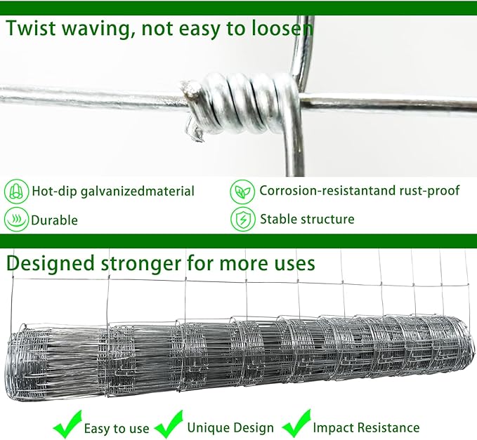Farm Fence 4ft x100ft, 13GA Thickened Heavy Zinc Coating Cattle Fence, Galvanized Field Wire Fencing, for Garden, Goat, Hog, Yard Livestock, Farm, Animals and Field Protection Use