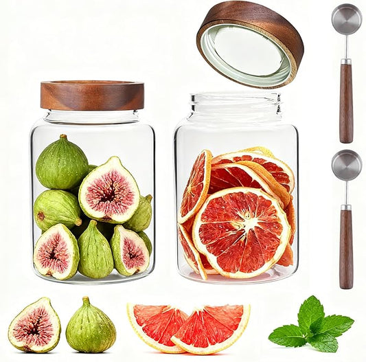Glass Coffee Jars Spice Jar Round Storage Canister with Wooden Lid Clear Glass Food Jar for Pantry Sugar Tea Coffee Bean Spice Nuts Cookies Bath Salts (1800ml/60oz-2PACK（with spoon)