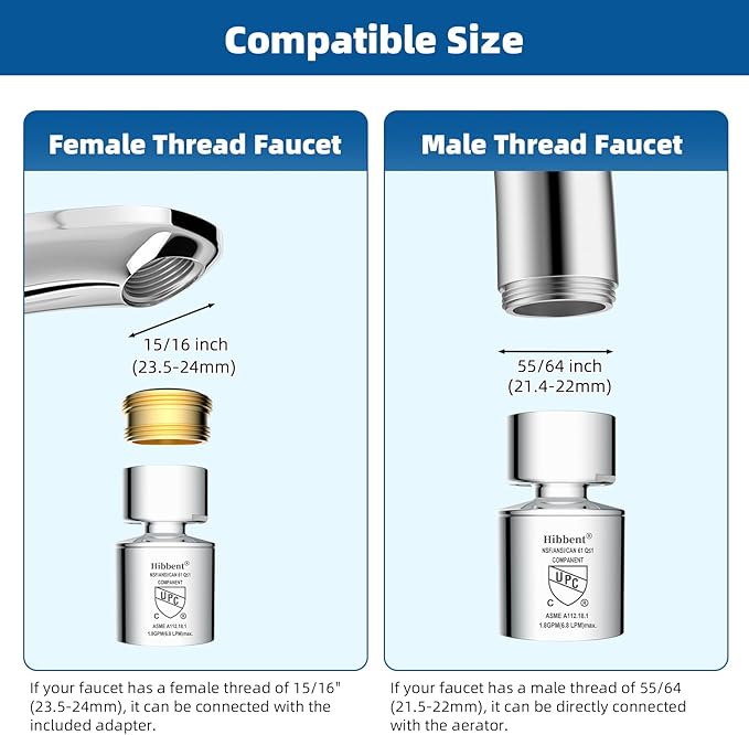 Hibbent NSF/ANSI/CAN 61 Certified Faucet Aerator, CUPC Certification 360° Swivel Kitchen Sink Aerator, Dual-function Sprayer Faucet Head, Faucet Replacement Part 55/64 Inch Female Thread - Chrome