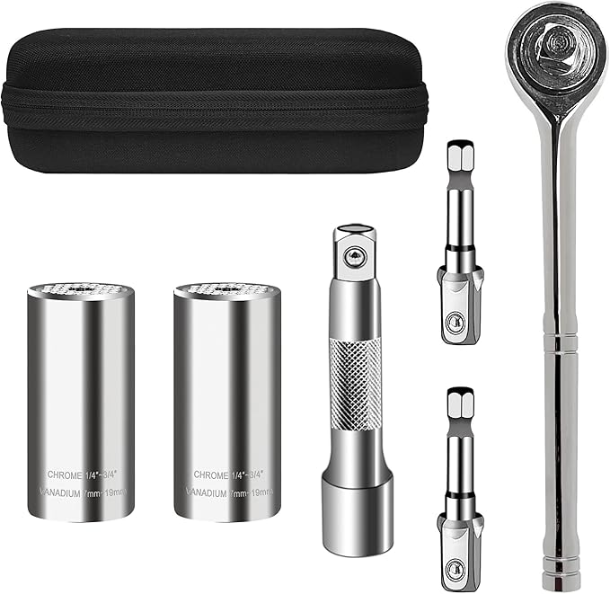 Universal Socket Wrench Tool set (7-19mm) Multi-Function Professional Super Socket Tool Sets unscrew any bolt with Power Drill Adapter and 3/8 inch Ratchet wrench