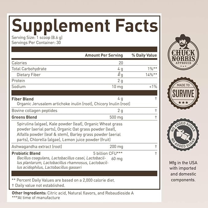 ROUNDHOUSE PROVISION Morning Kick, Zero Sugar Greens Superfood Powder Supplement with Ashwagandha, Collagen, Probiotics, Debloat Drink, 30 Servings (Strawberry Lemonade) by Chuck Norris