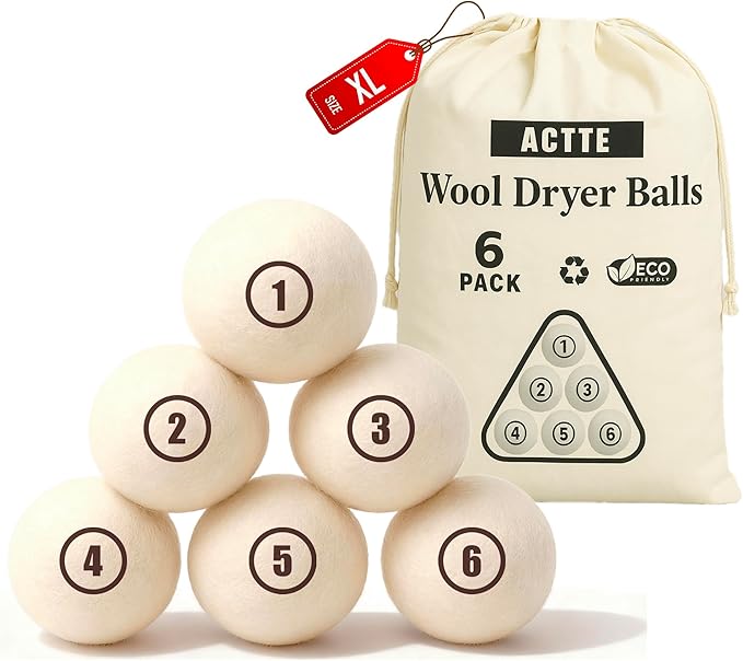 Wool Dryer Balls Laundry, L(2.3") 6 Pack, Premium Fabric Softener Ball, Reusable, Anti Static, Chemical Free Natural Wool Balls for Dryer, Laundry Dryer Balls – 100% New Zealand Wool