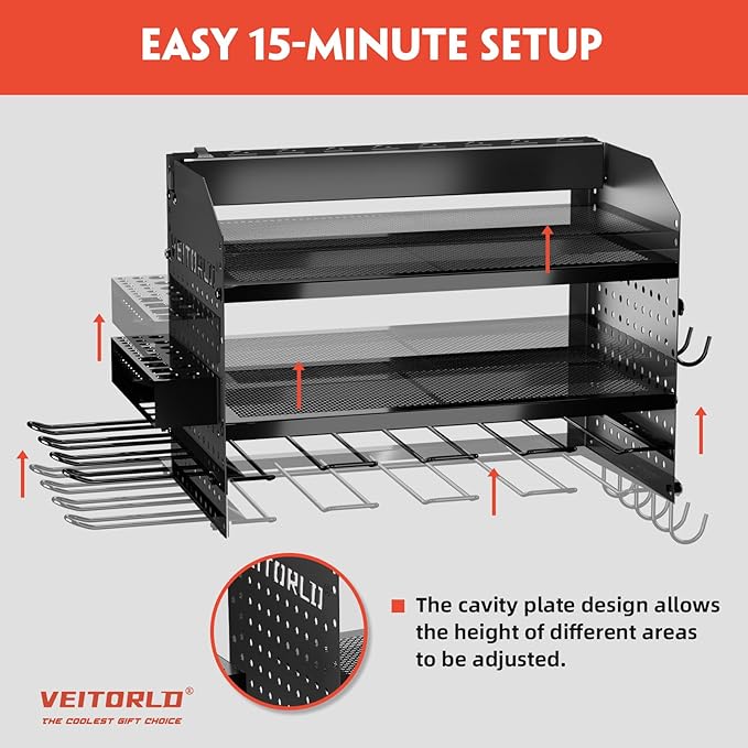 Veitorld Power Tool Organizer Wall Mount with Charging Station, 4 Drill Holder Heavy Duty Cordless Tool Storage Rack, Metal Garage Organizers and Storage, Christmas Birthday Gifts for Men Dad Him