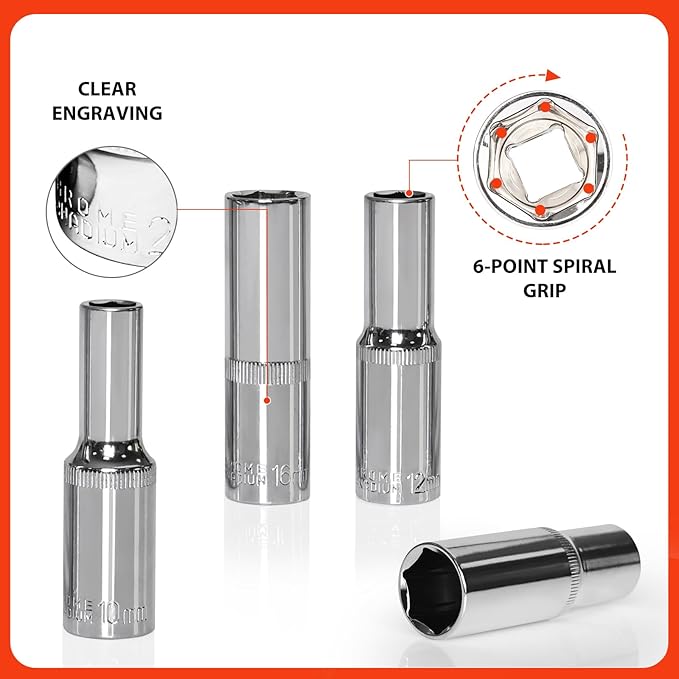 Egofine 10PCS 1/2” Drive Deep Socket Set,Metric Socket Set（10mm-21mm,6 Point Socket Set With Hanging Bracket,Cr-V Steel