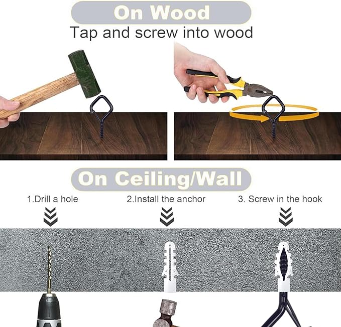 50 PCS Black Eye Screw Hooks for Hanging Heavy Duty with Safety Buckle.Metal Ceiling Hooks for Hanging Plants Cup Wind Chime Bird Feeders Patio Lights at Indoor&Outdoor