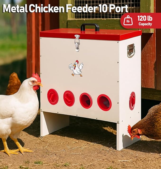 Metal Chicken Feeder 120 LBS Capacity, Automatic Poultry Feeder with 10 Ports, No-Waste Weather-Resistant Animal-Proof Outdoor Feed Bin for Chickens Ducks Geese Turkeys