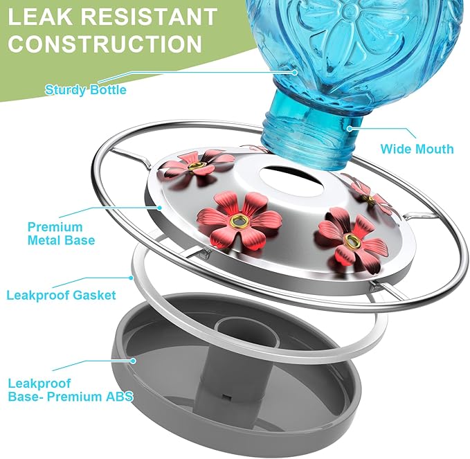 Glass Hummingbird Feeder for Outdoors Hanging, 25Oz Humming Bird Nectar Feeders with Perch & 5 Flower Feeding Ports, Leak Proof for Outside Garden Decor, Gifts for Women (Blue)