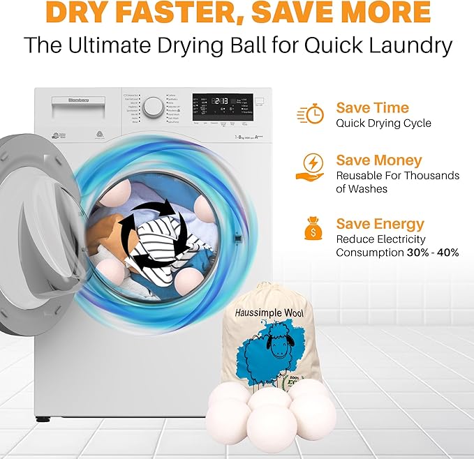 Wool Dryer Balls 6-Pack 100% Natural New Zealand Wool, Handmade in Nepal Reusable Laundry Balls, Faster Drying, Softer Clothes, Anti-Static, Dryer Sheets Alternative (Plain White)