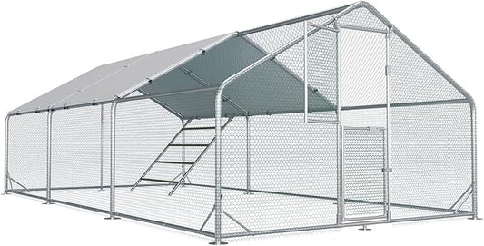 Large Chicken Coop,Metal Chicken Run for Yard with Feeding Door,Walk-in Chicken Pen for 20-30 Chickens,Outdoor Poultry Cage with Anti-UV Cover,Duck Rabbit House